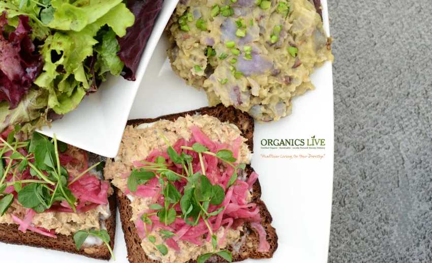 Purple Potato Salad Infused with Jalapeño Peppers and Salmon Puree over Rye