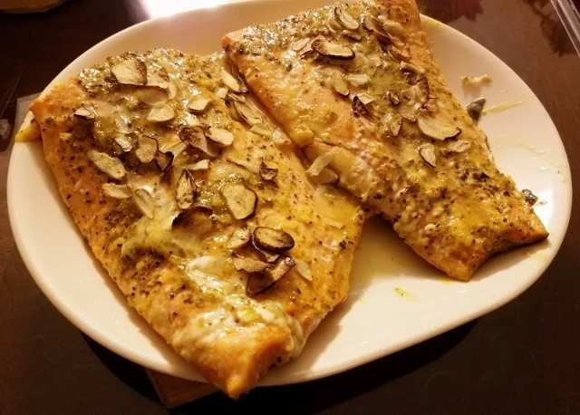 Mango Horseradish Sauced Salmon With Slivered Garlic