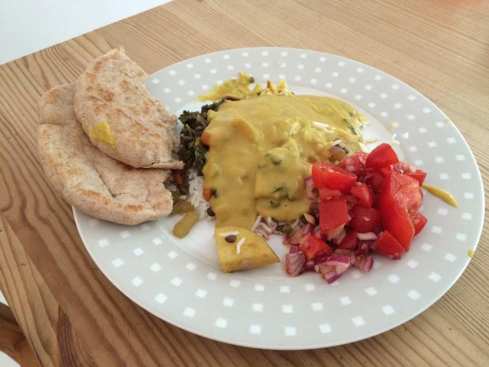 Curried Vegetables Over Rice with Daal, Spicy Tomatoes