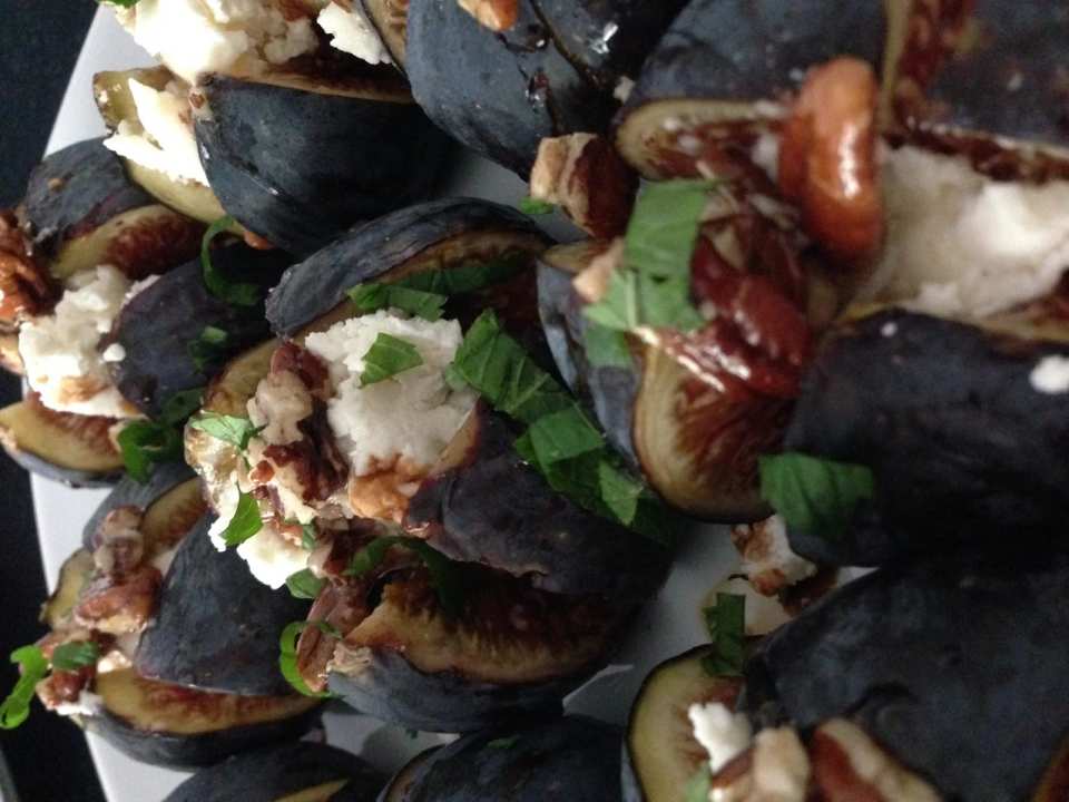 Figs with Goat Cheese, Pecans, Honey, Balsamic Vinegar and Mint
