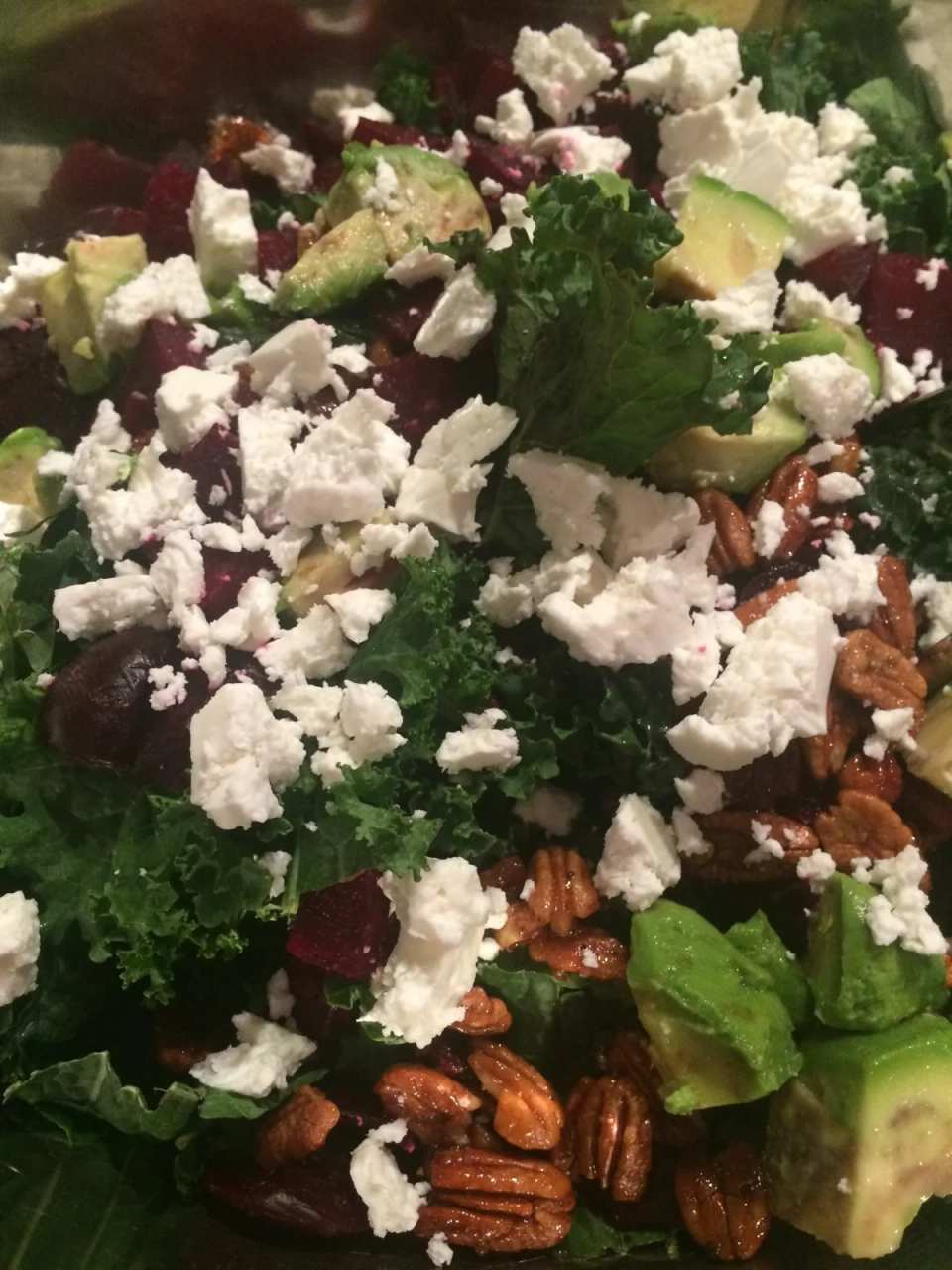 Kale Feta Pecan and Roasted Beet Salad with a Maple Balsamic Dressing