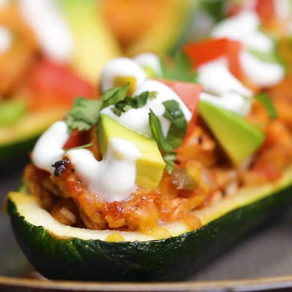 Chicken Enchilada-stuffed Zucchini Boats