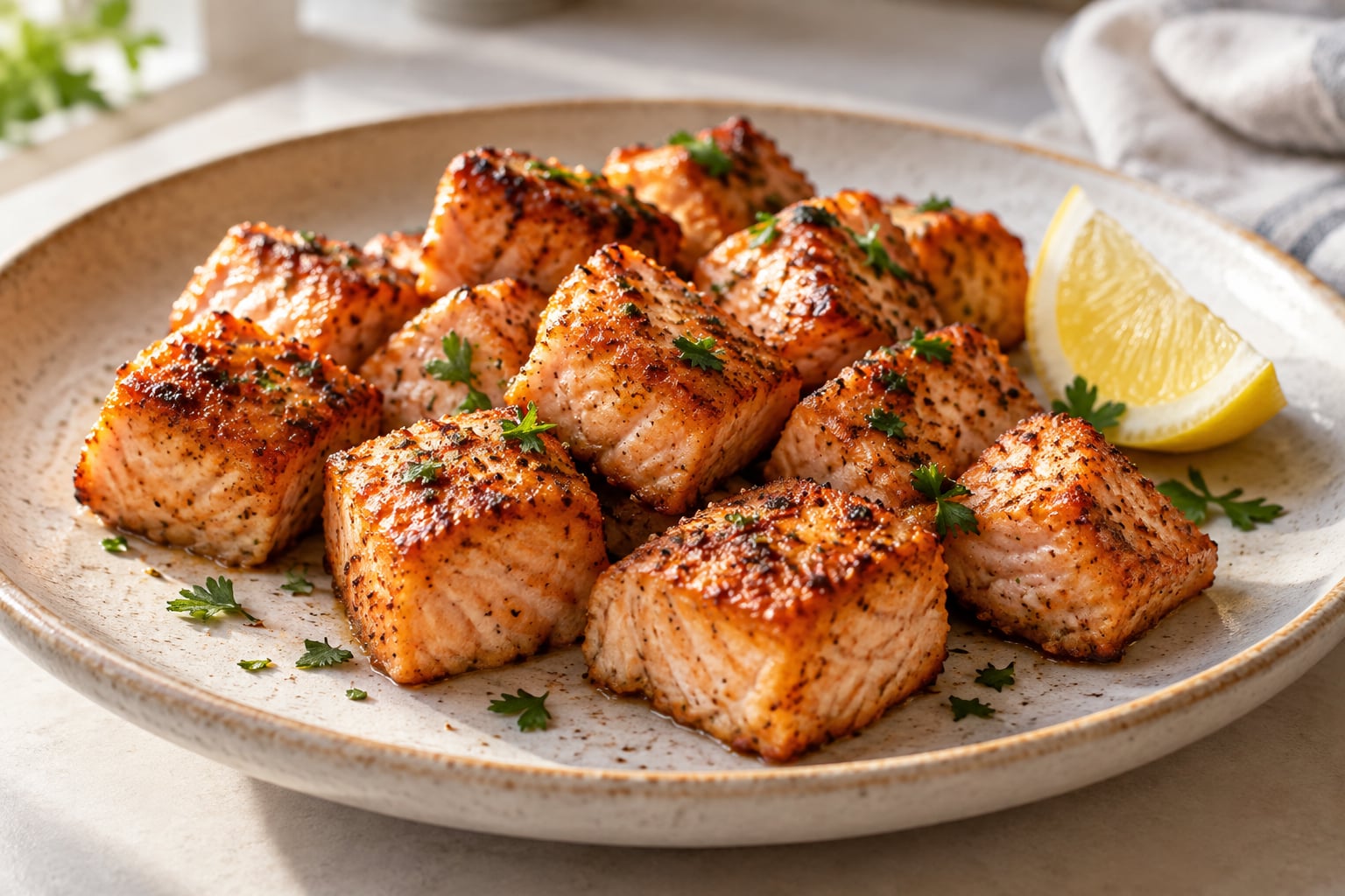 Browned salmon bites with lemon wedges and parsley