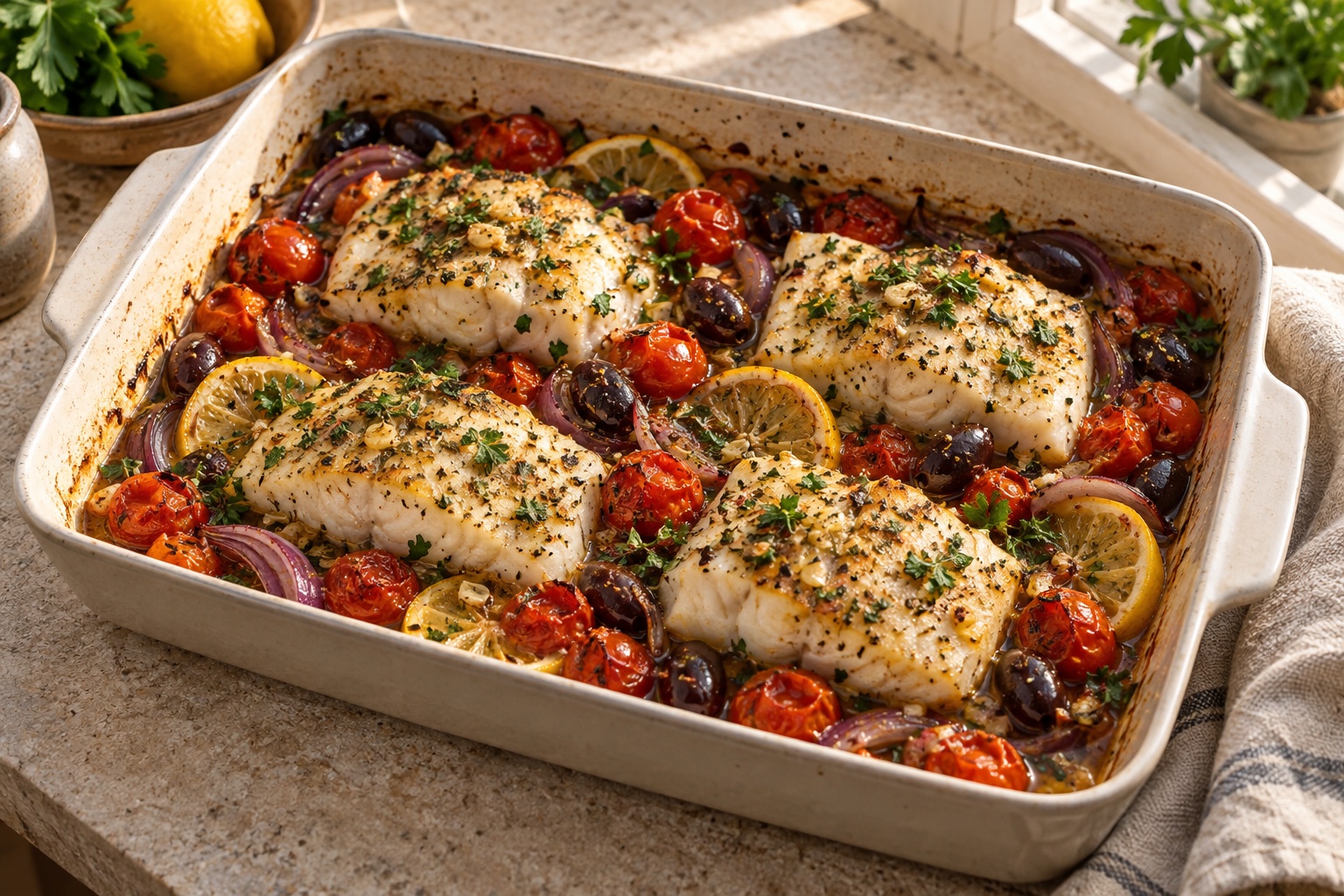 Editorial illustration of four baked cod fillets with cherry tomatoes, Kalamata olives, red onion, lemon and parsley
