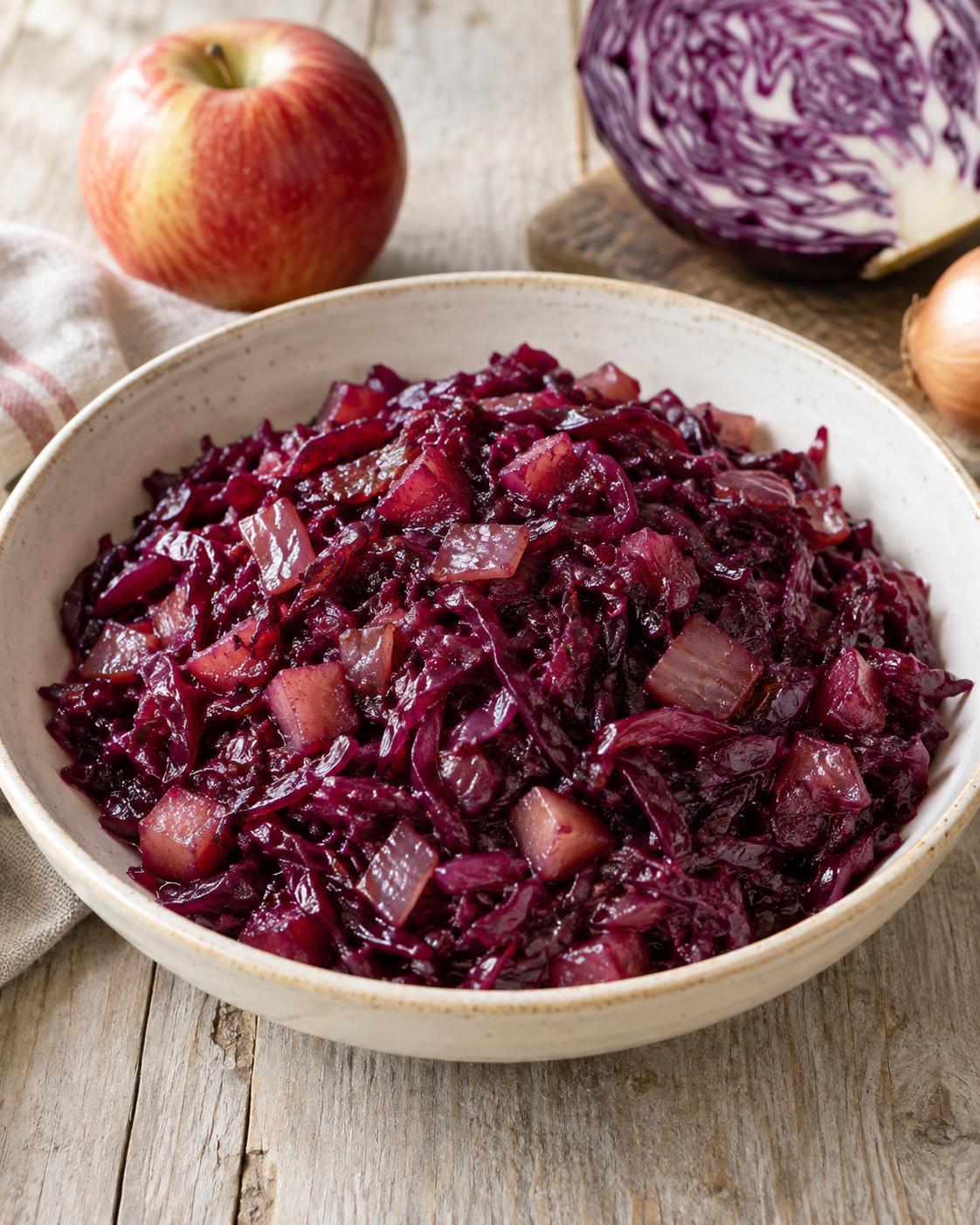 Tender ruby-purple braised red cabbage with small softened apple and onion pieces in a cream bowl