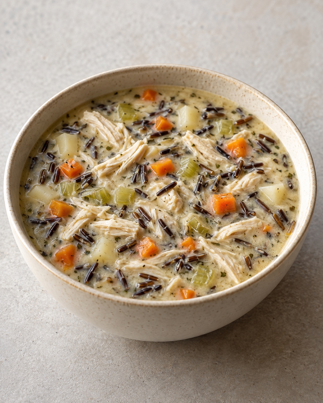 Creamy chicken wild rice soup with shredded chicken, dark wild rice grains, carrots, celery and potato in a cream bowl