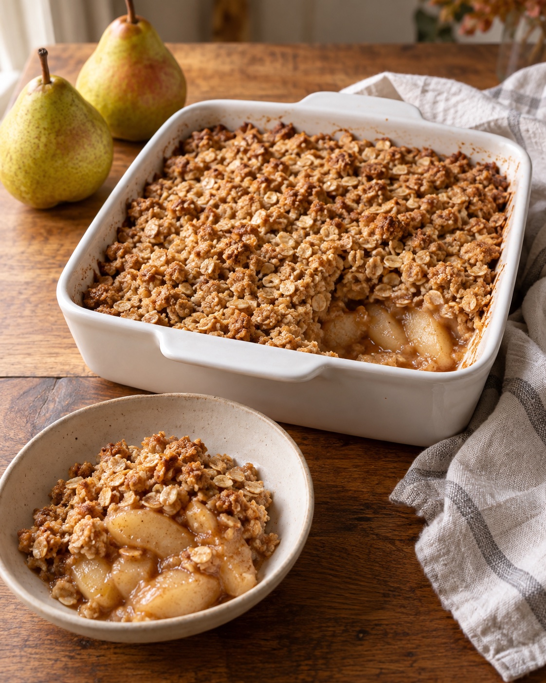 Golden oat-topped pear crisp in a white baking dish, with a serving of tender pears in a cream bowl and two fresh pears behind it.