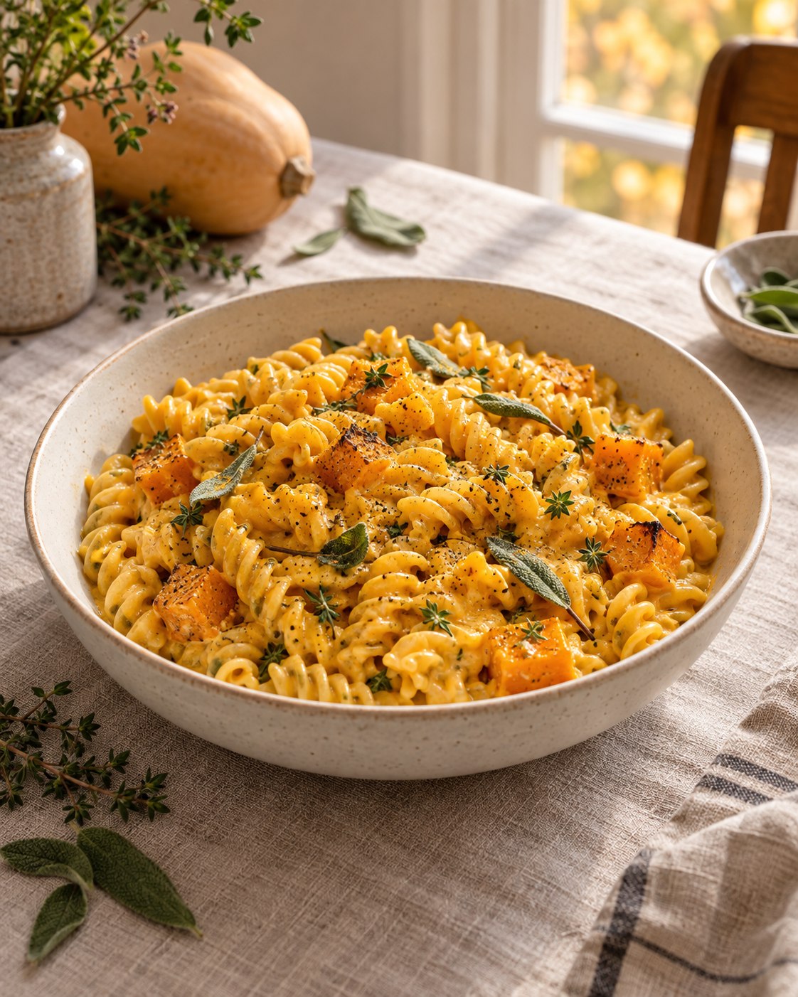 Rotini coated in golden butternut squash sauce with roasted squash cubes and sage in a cream ceramic bowl