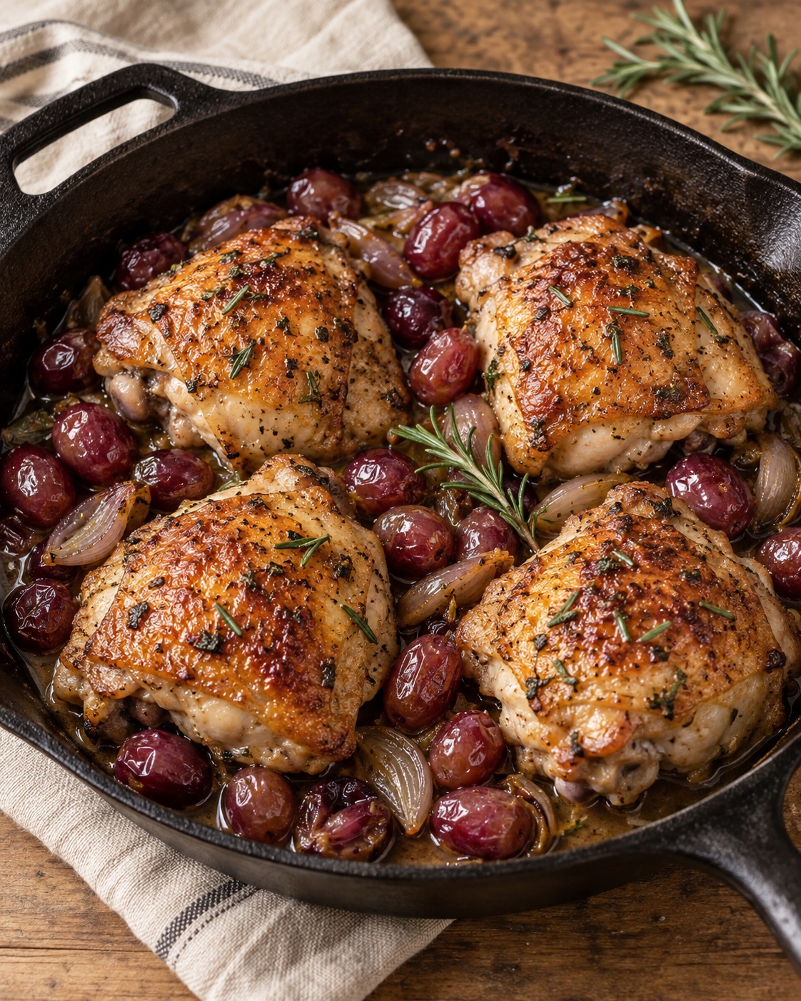 Golden skin-on chicken thighs with roasted red grapes, softened shallots and rosemary in a dark skillet with pan juices