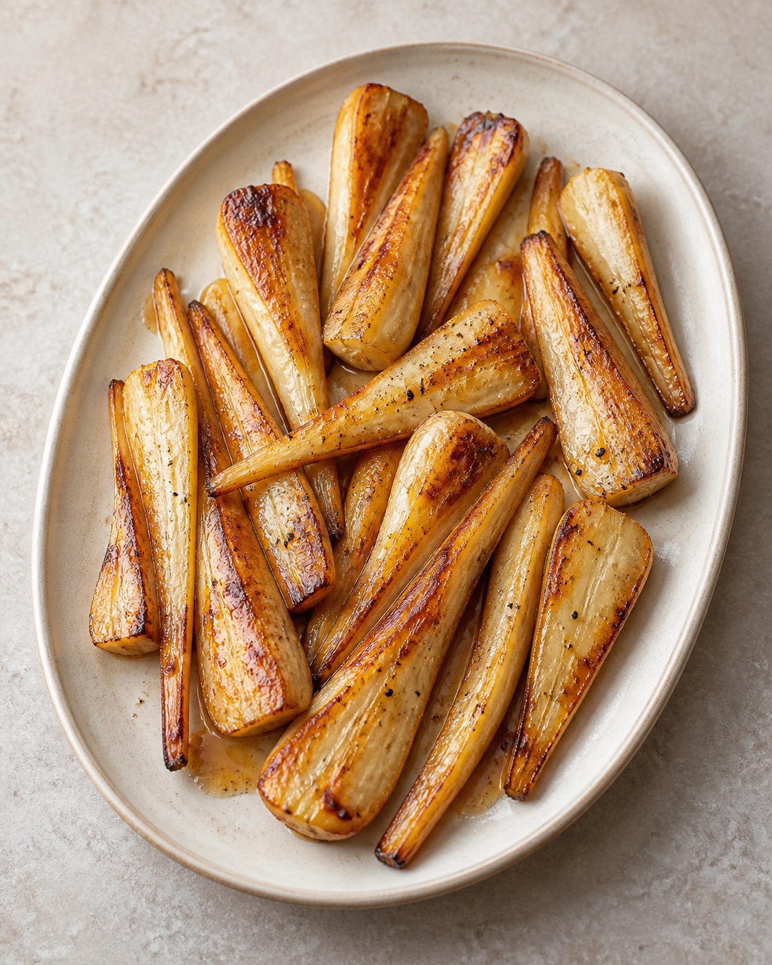 Golden honey roasted parsnip halves and quarters on a cream serving platter