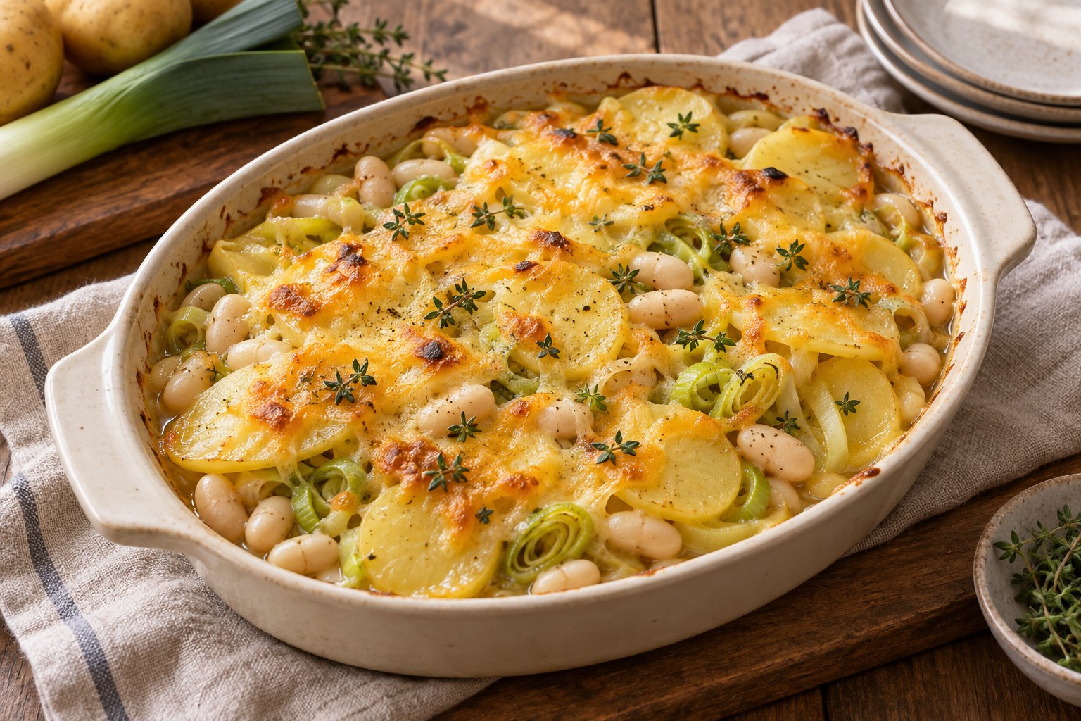 Editorial illustration of a golden potato, leek and white bean gratin with thyme and a light cheddar topping in a ceramic baking dish