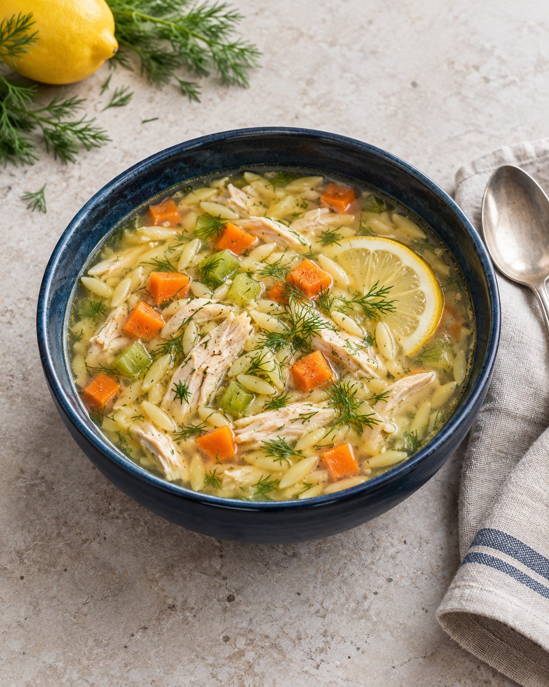 Lemon chicken orzo soup with shredded chicken, carrots, celery and fresh dill in a navy bowl