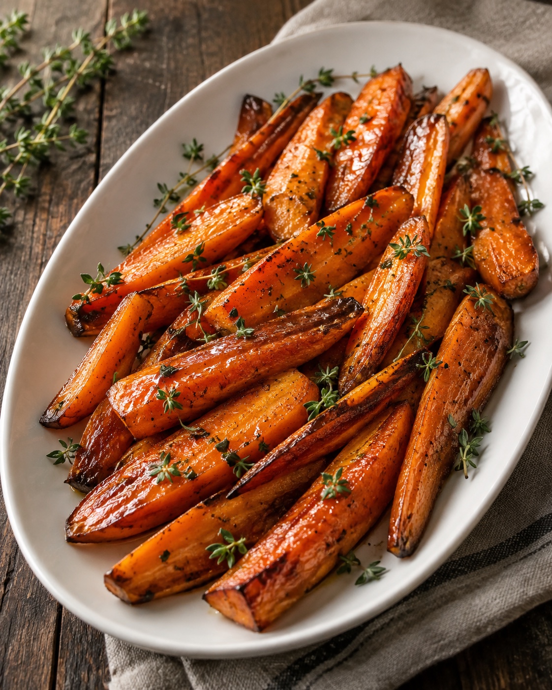 Maple-glazed roasted orange carrot halves and quarters with thyme leaves on a white oval platter.
