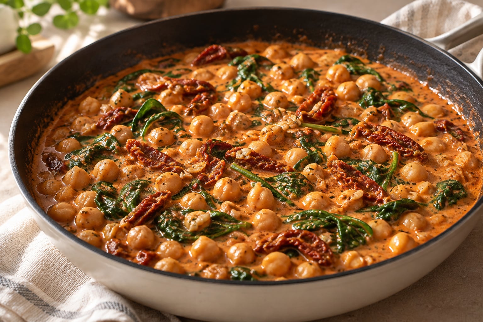 Chickpeas in creamy tomato sauce with spinach and sun-dried tomatoes
