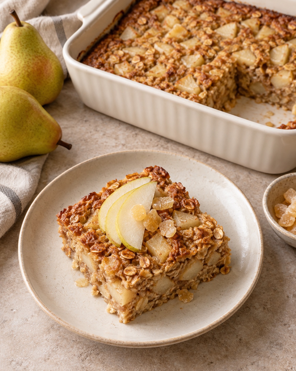 Editorial illustration of golden baked oatmeal with pear pieces and a plated square topped with sliced pear