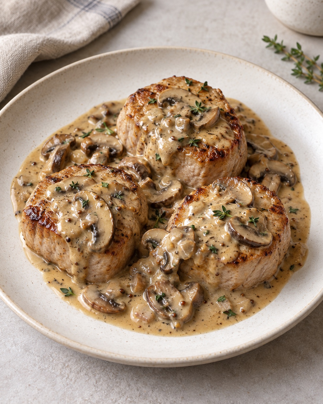 Browned pork tenderloin medallions covered with creamy sliced mushroom sauce and small thyme leaves on a cream plate