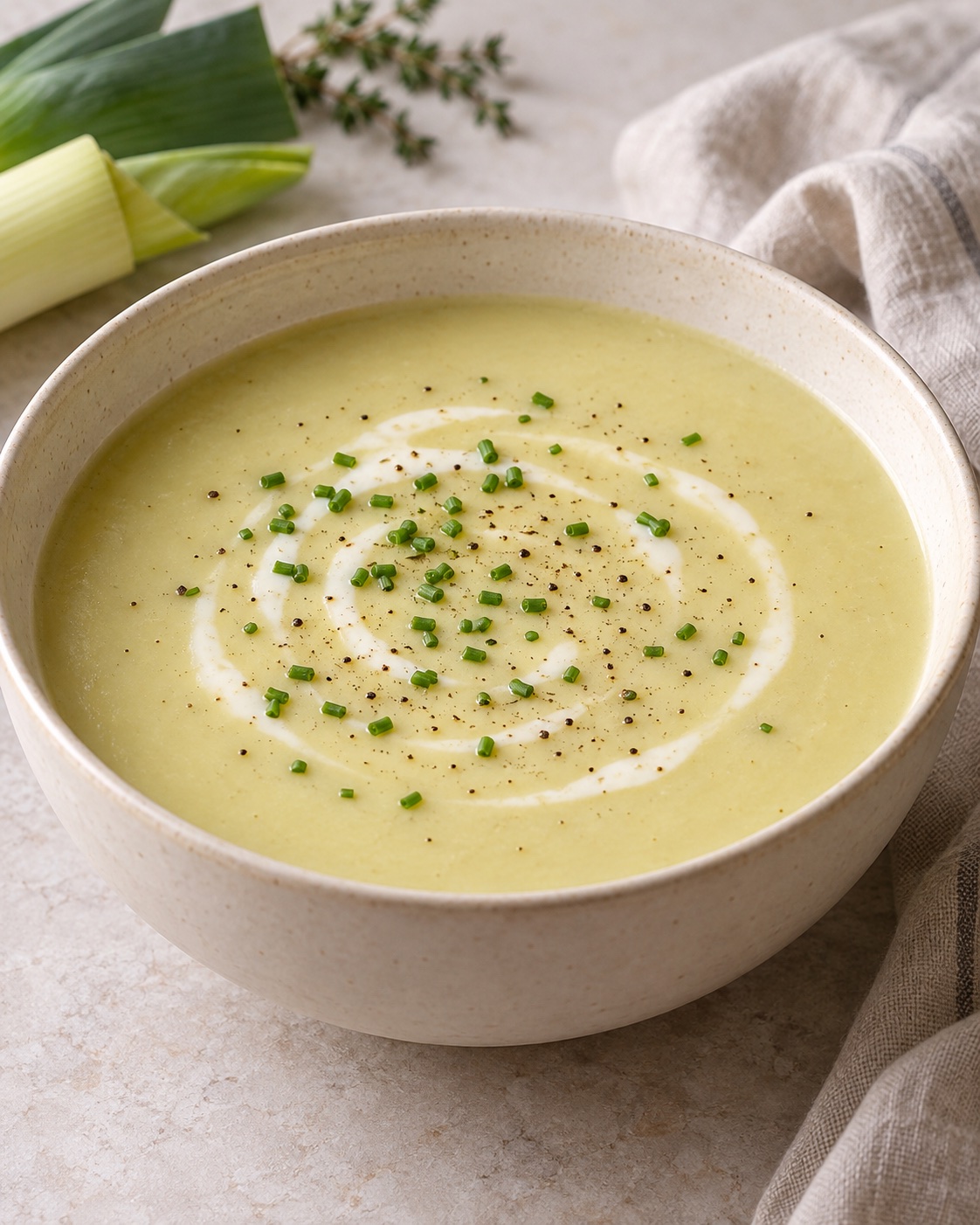 Smooth pale potato and leek soup in a cream bowl with a thin cream swirl, snipped chives and black pepper