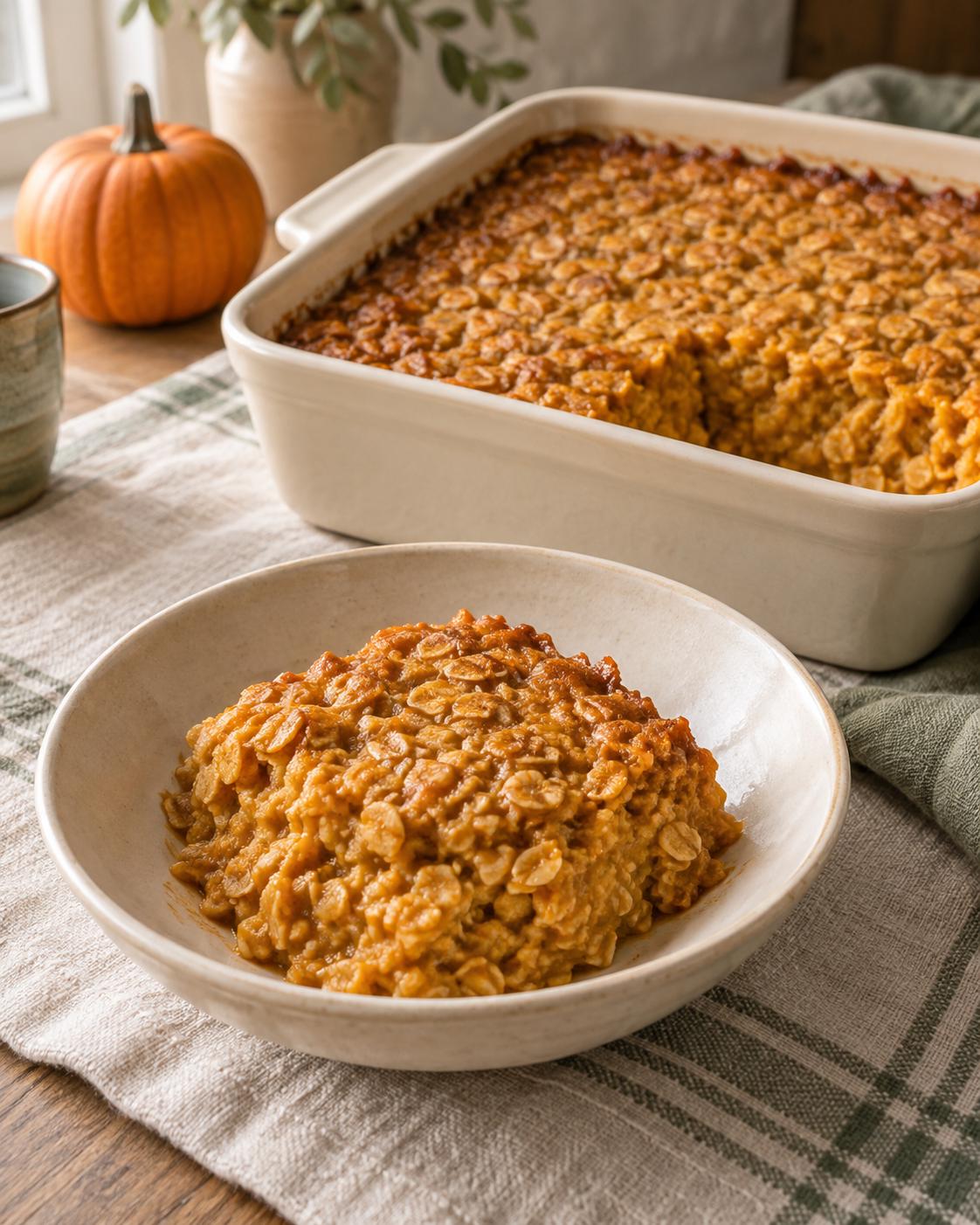 Soft orange pumpkin baked oatmeal in a cream baking dish with a spooned serving in a bowl