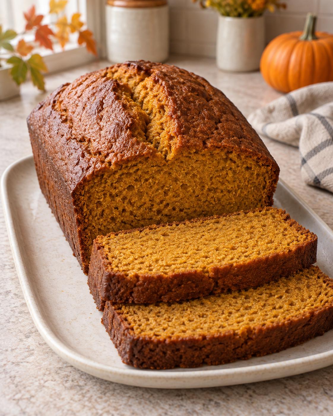 Plain pumpkin bread with a golden-brown crust and two orange-crumb slices on a pale platter