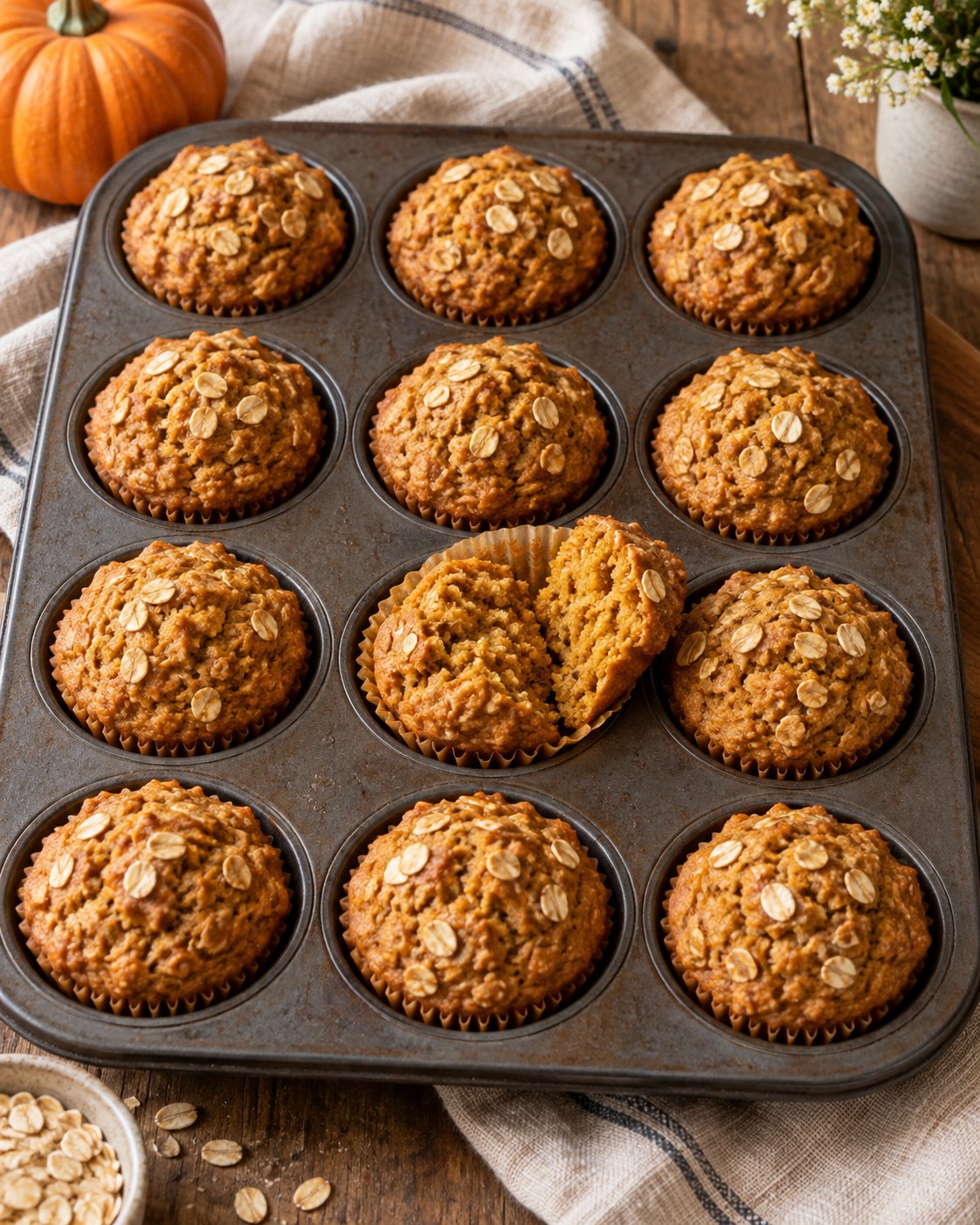 Twelve golden pumpkin muffins topped with rolled oats in a metal muffin pan, with one muffin split to show its crumb