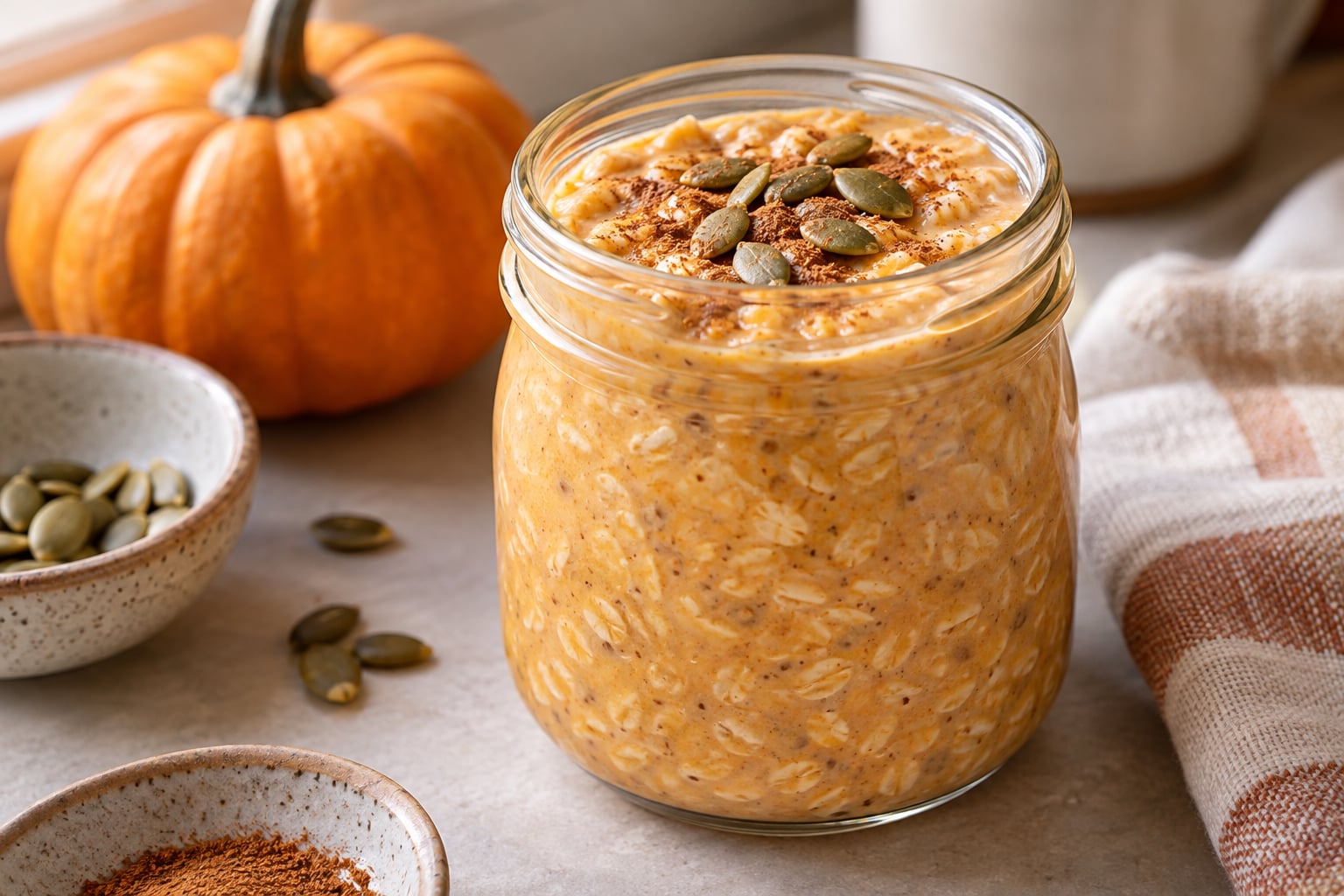 Creamy pumpkin overnight oats in a glass jar topped with pumpkin seeds