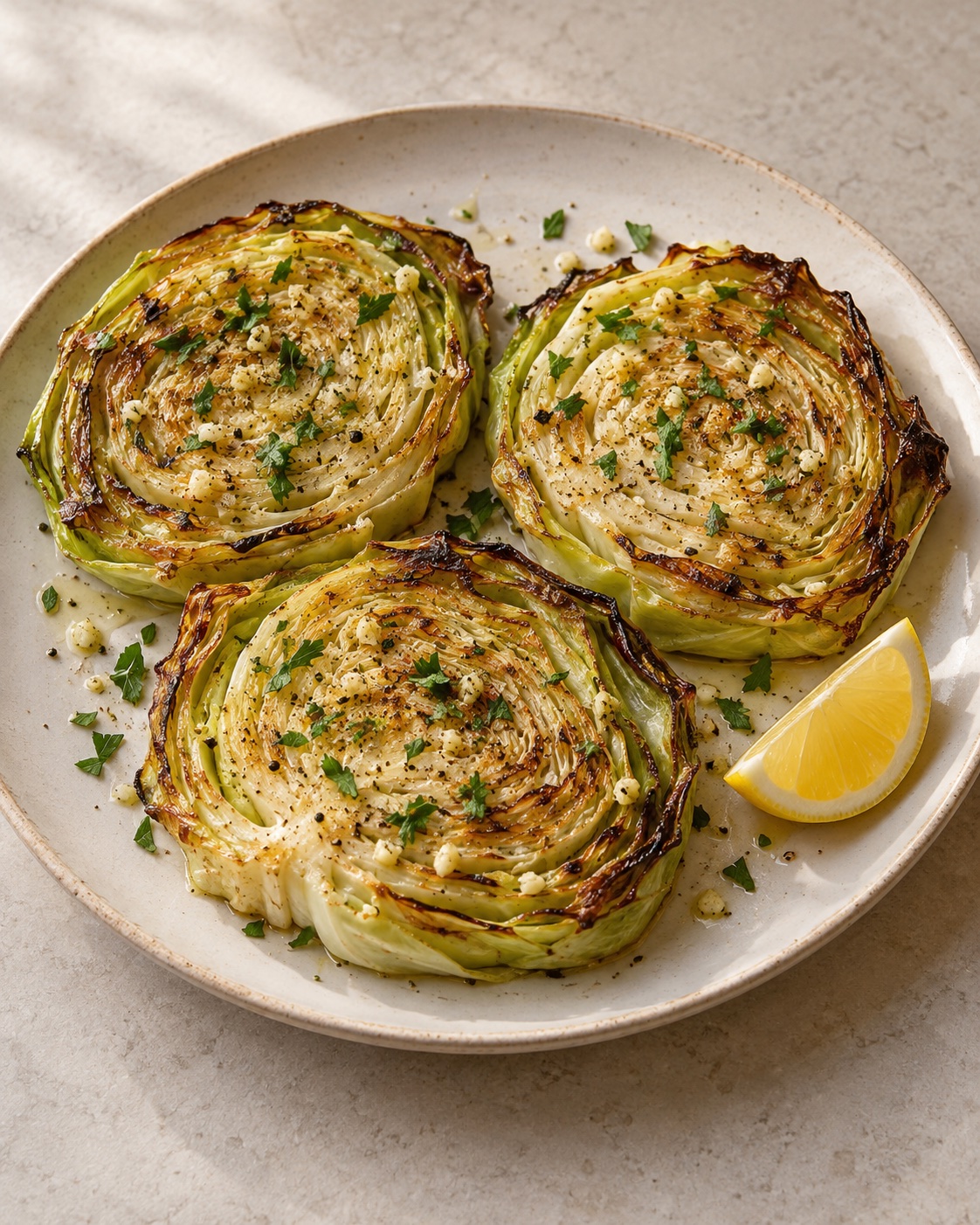 Thick green cabbage slices with golden roasted edges, garlic and chopped parsley on a cream platter beside lemon