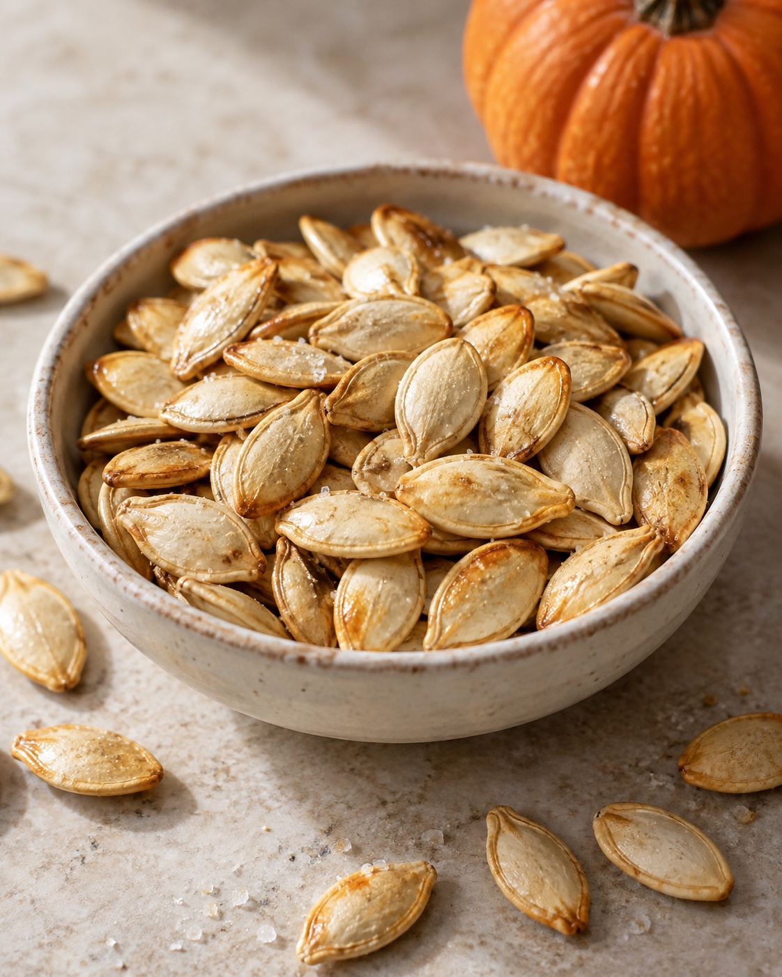 Whole tan pumpkin seeds with lightly toasted edges and sea salt in a shallow cream bowl