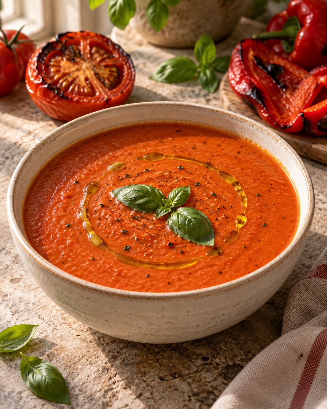 Editorial illustration of smooth roasted tomato and red pepper soup with basil, olive oil and roasted vegetables nearby