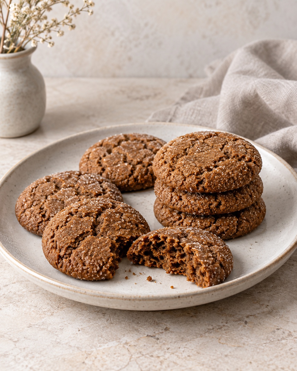 Sugar-coated brown ginger molasses cookies on a cream plate, with a small stack and one broken cookie showing its soft baked centre