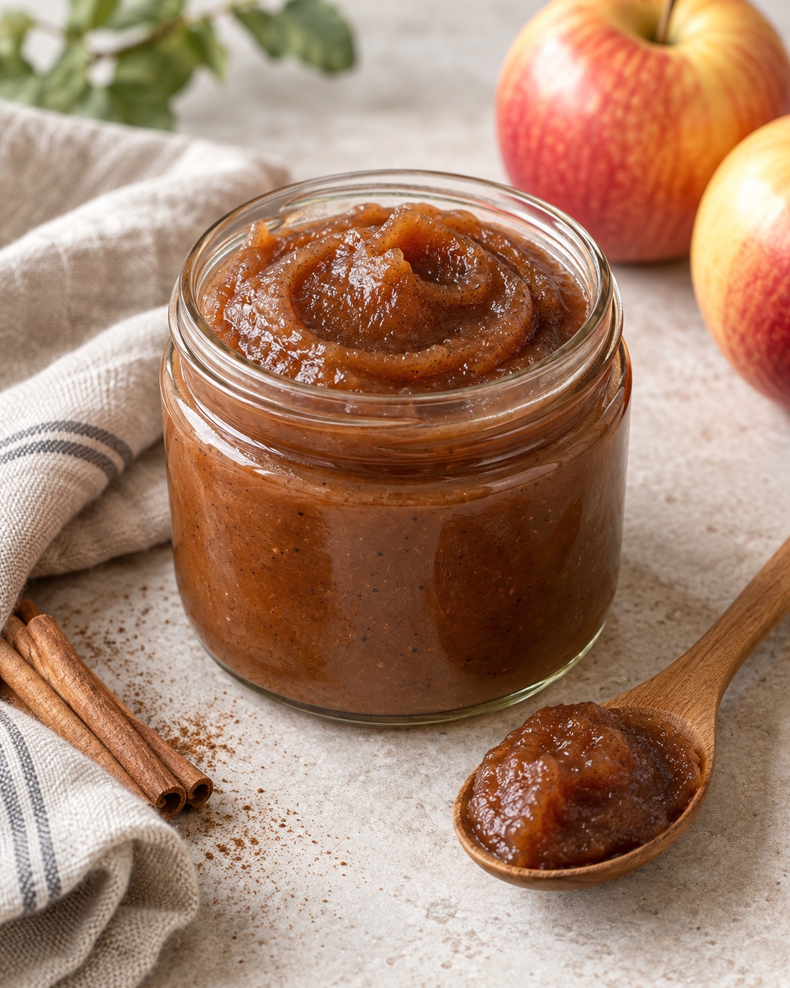 Thick copper-brown apple butter in an open glass jar with a spoonful beside it and whole apples in the background