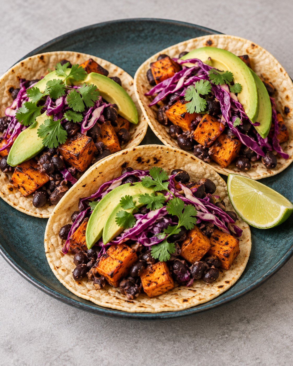 Sweet potato and black bean tacos topped with purple cabbage, avocado slices and cilantro, with a lime wedge