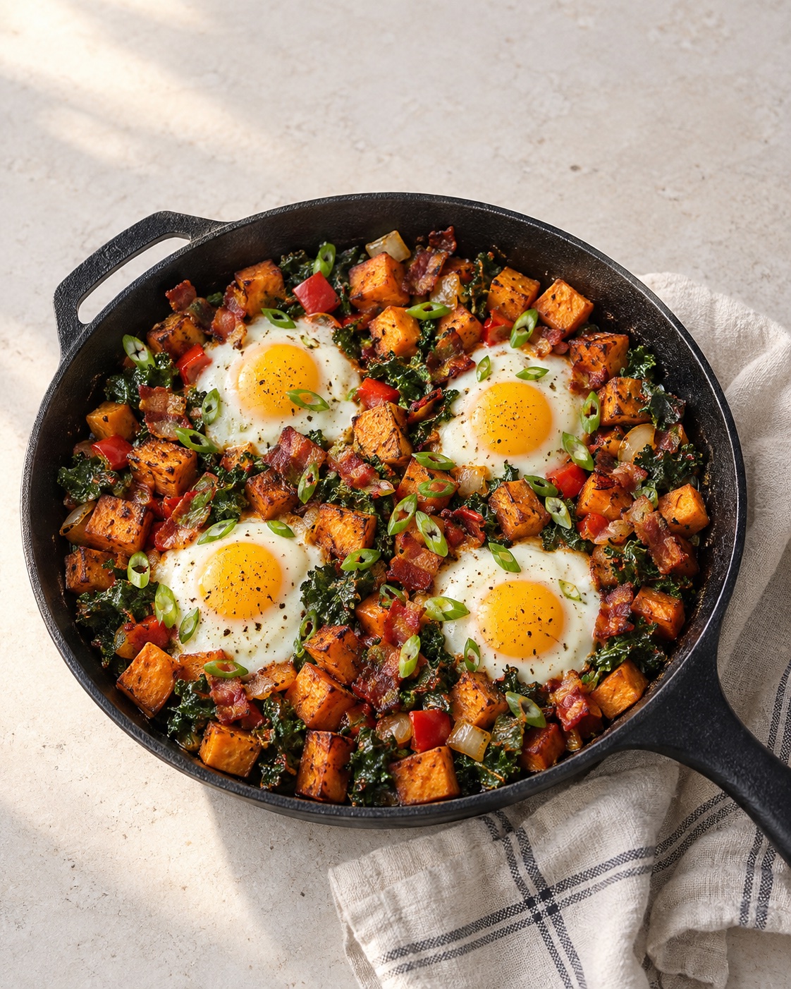 A dark skillet of browned sweet potato cubes, red pepper, kale and bacon with four eggs and sliced green onion