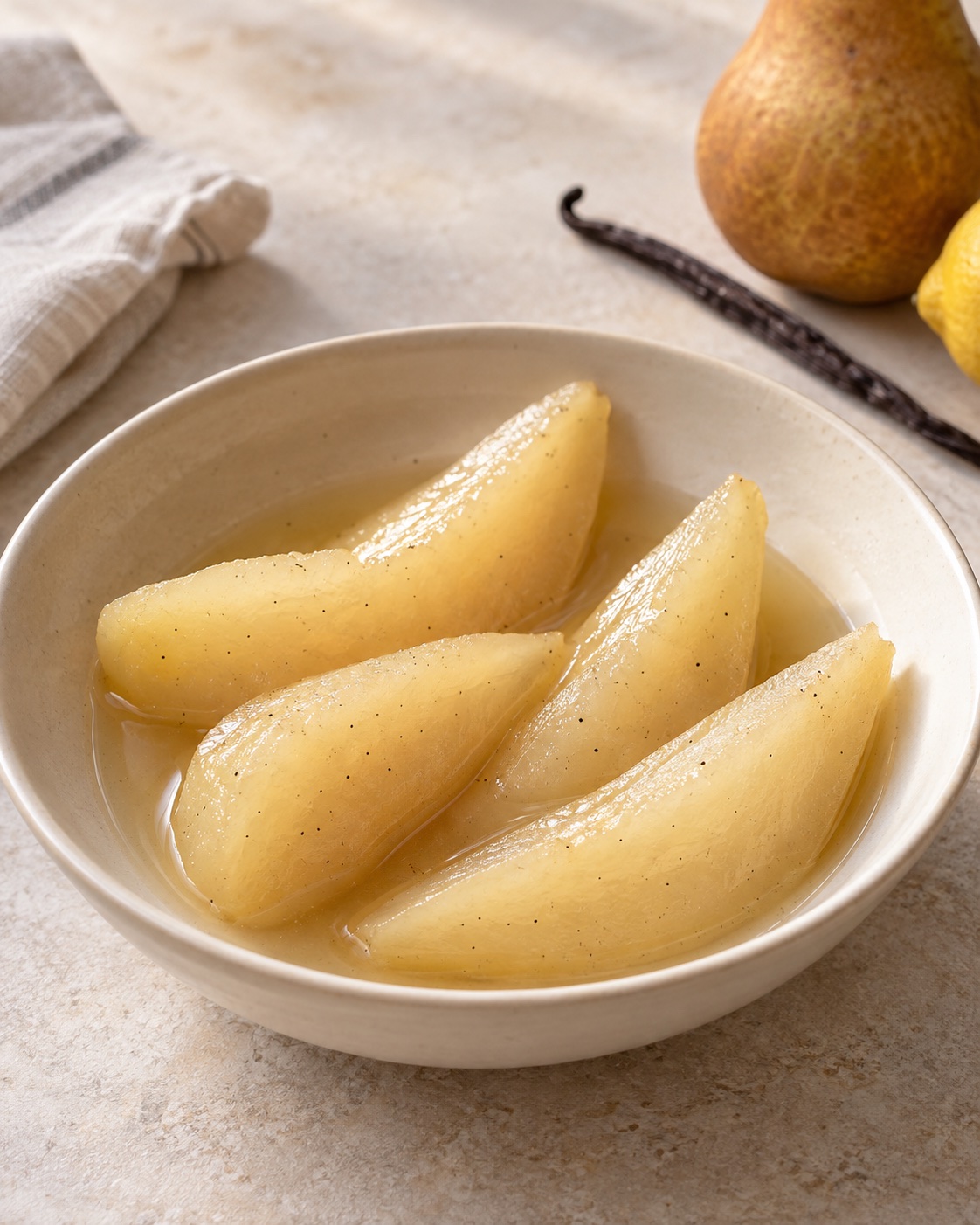 Pale golden peeled pear quarters with vanilla flecks in a little clear syrup in a cream dessert bowl